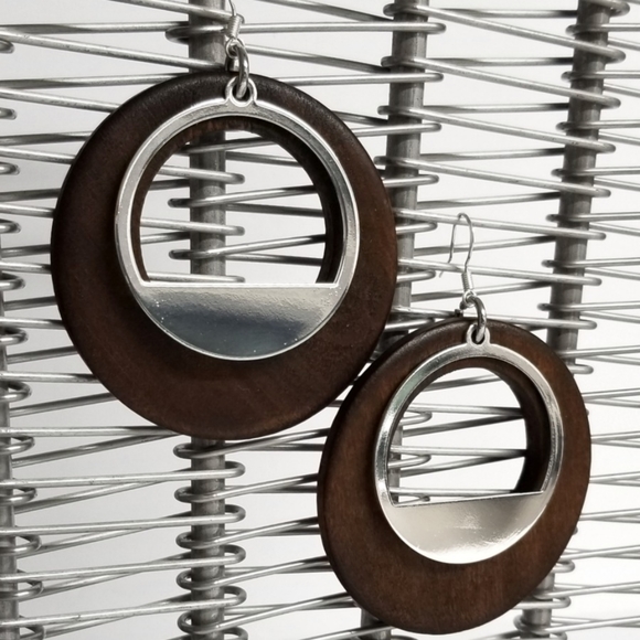 Wood and Silver Open Ring Earrings - Picture 2 of 5